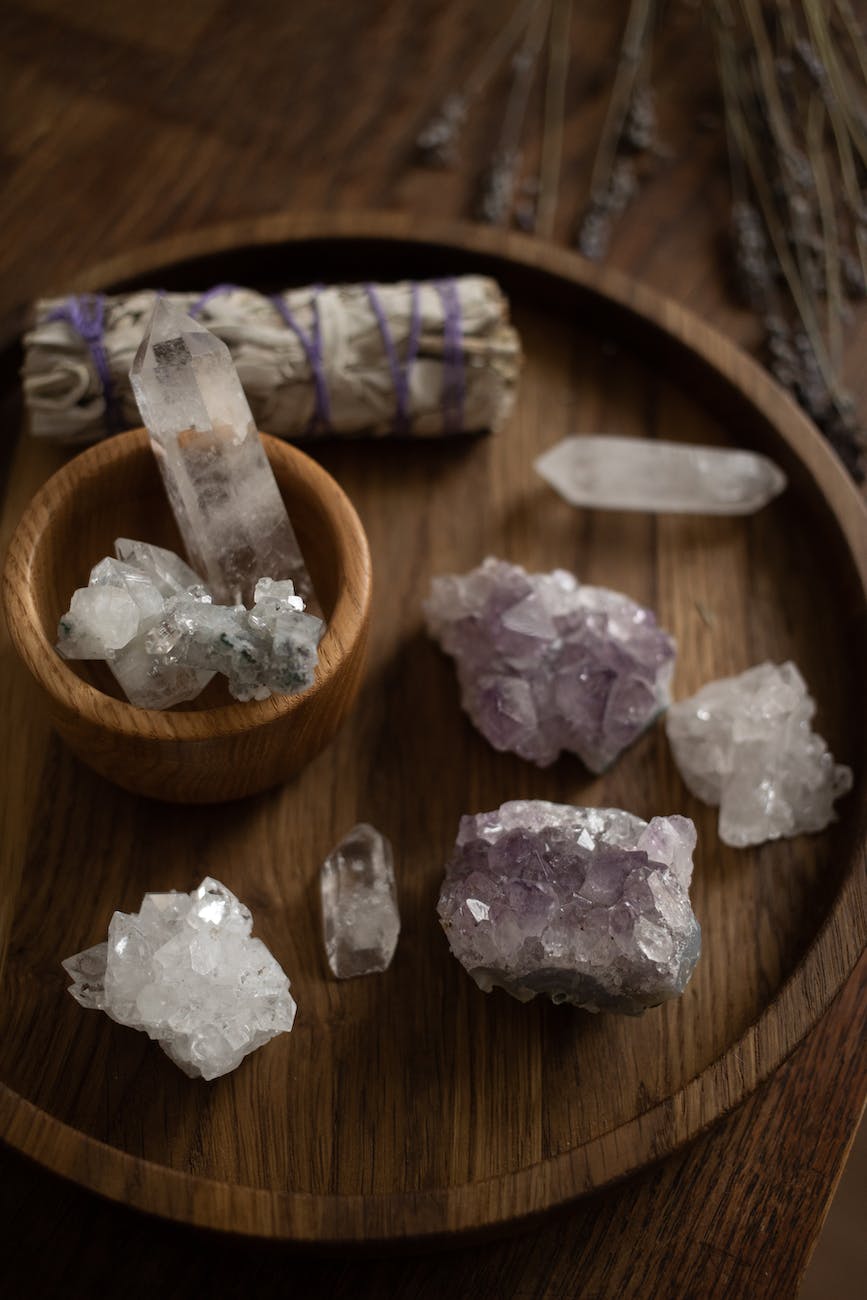 crystals on a wooden tray