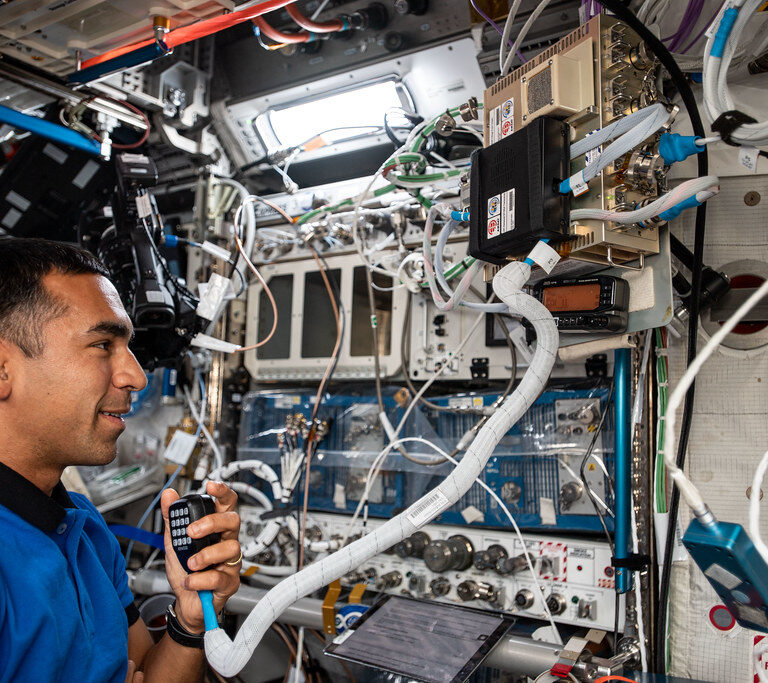 Astronaut Raja Chari conducts a ham radio session aboard the station