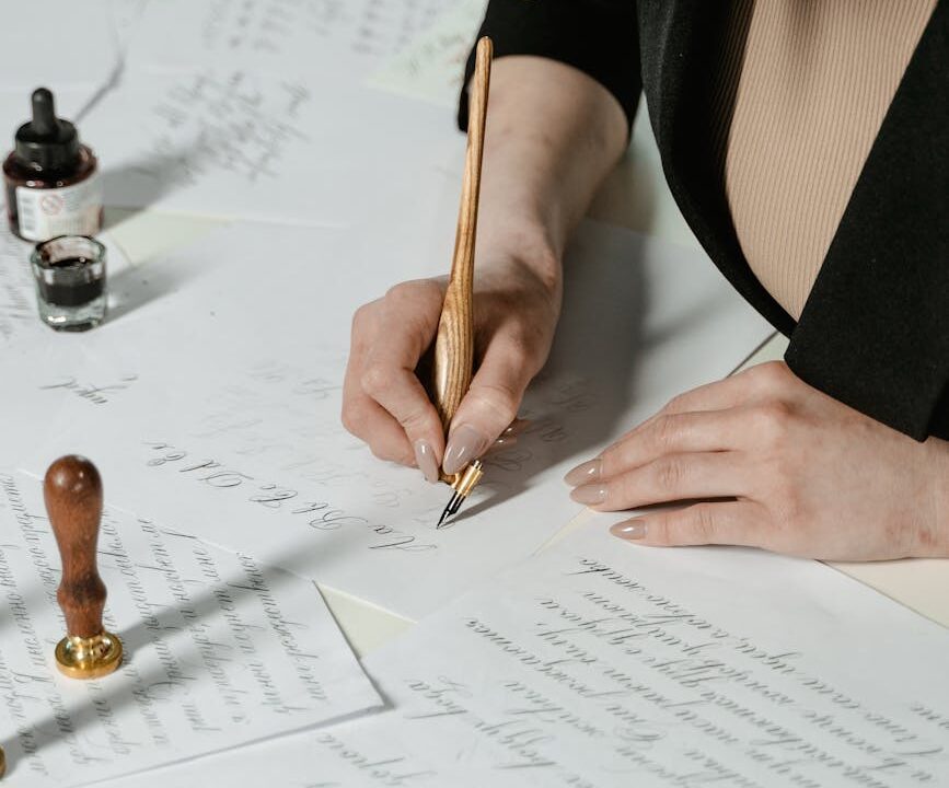 a woman writing on a paper