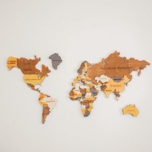 wooden world map on wall